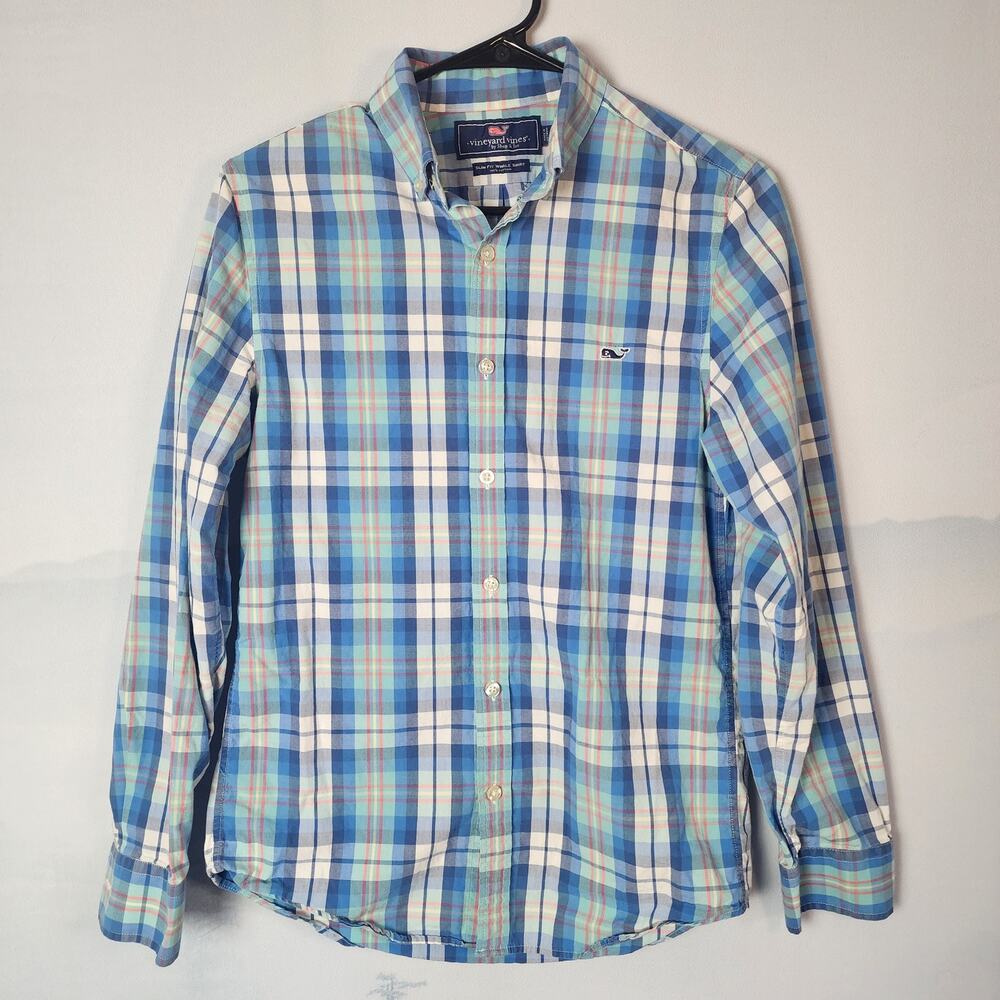 Vineyard Vines Blue Green Plaid Slim Fit Button Up Whale Shirt | Men's XS